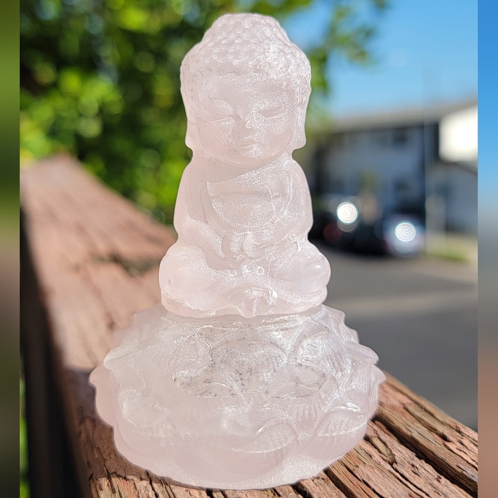 (R3) NEW 3.24" ROSE QUARTZ WITH DENDRITE BUDDHA ON LOTUS